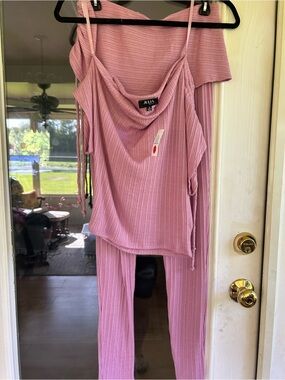 Julia Pink Ribbed Cowl-Neck Pantsuit